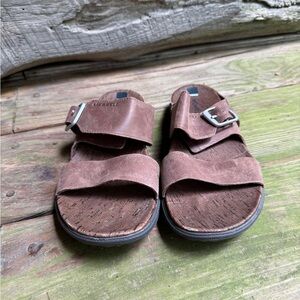 Merrell Brown Leather Around Town Buckle Slides
